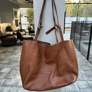 Coccinelle Cognac Brown Pebble Leather Minimalist Slouchy Shopper
